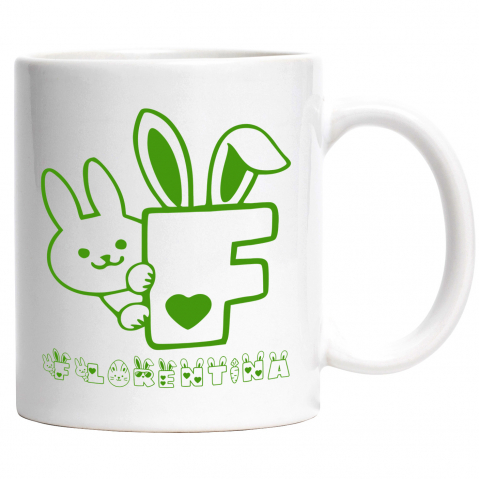 Cani Personalizate - Cana Iubitorii De Paste, Iepure inima, Text Nume Personalizat, Culoare Verde, Cu Litera, 330ML, Ceramica, Cu Maner si Interior Alb