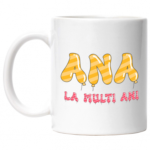 Copii - Cana Iubitorii De Petreceri, Baloane Coloratre, Unicorn, Text Nume Personalizat, copii, Culoare Galben Roz, Cu Litera, 330ML, Ceramica, Cu Maner si Interior Alb