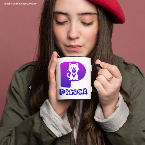 Cana Iubitorii De Pisici, Animal Blanos, Text Personalizat, Culoare Mov Gradient,Copii, Cu Litera, 330ML, Ceramica, Cu Maner si Interior Negru [1]