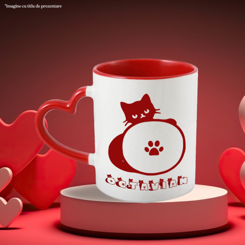 Cana Iubitorii De Pisici, Animal Pufos, Text Nume Personalizat, Culoare Rosu, Cu Litera, 330ML, Ceramica, Cu Maner Inima Rosie si Interior Rosu [2]