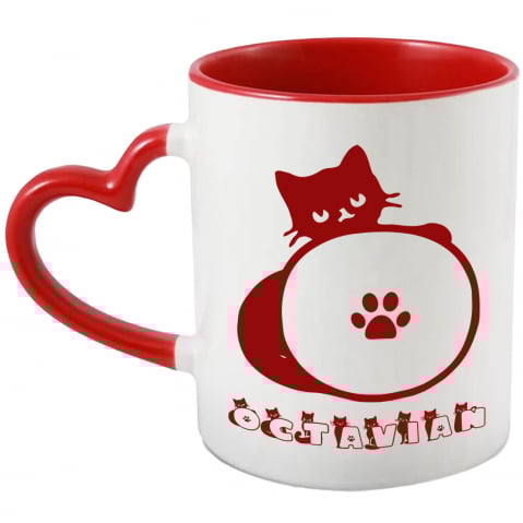 Cani Personalizate - Cana Iubitorii De Pisici, Animal Pufos, Text Nume Personalizat, Culoare Rosu, Cu Litera, 330ML, Ceramica, Cu Maner Inima Rosie si Interior Rosu
