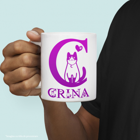 Cana Iubitorii De Pisici, Labuta Animal, Text Personalizat, Culoare Roz Gradient,Copii, Cu Litera, 330ML, Ceramica, Cu Maner si Interior Alb [1]