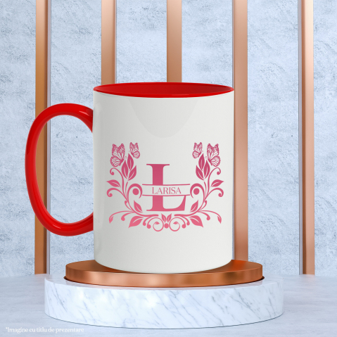 Cana Iubitorii De Plante, Fluture Natura, Text Nume Personalizat, Dragoste, Culoare Rosu, Cu Litera, 330ML, Ceramica, Cu Maner si Interior Rosu [2]