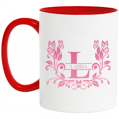 Flori - Cana Iubitorii De Plante, Fluture Natura, Text Nume Personalizat, Dragoste, Culoare Rosu, Cu Litera, 330ML, Ceramica, Cu Maner si Interior Rosu