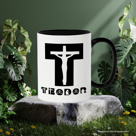 Cana Iubitorii De Religie, Iisus Pe cruce, Text Nume Personalizat, Copii, Culoare Negru, Cu Litera, 330ML, Ceramica, Cu Maner si Interior Negru [2]