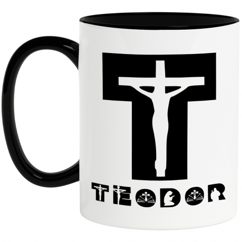 Paste - Cana Iubitorii De Religie, Iisus Pe cruce, Text Nume Personalizat, Copii, Culoare Negru, Cu Litera, 330ML, Ceramica, Cu Maner si Interior Negru