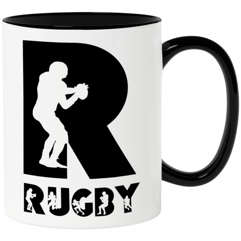 Sport - Cana Iubitorii De Rugby, Silueta Sportiva, Text Nume Personalizat, Copii, Culoare Negru, Cu Litera, 330ML, Ceramica, Cu Maner si Interior Negru