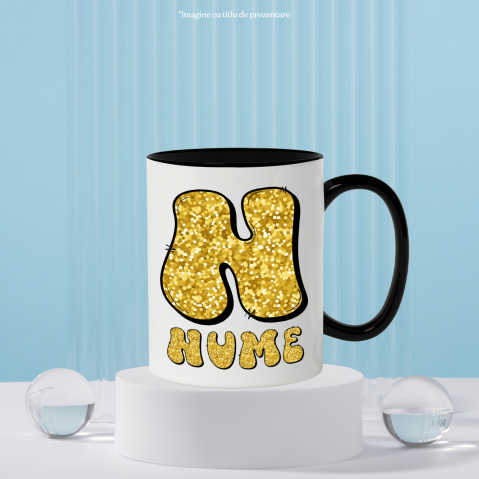 Cana Iubitorii De Sclipici, Text Nume Personalizat, Dragoste, Culoare galben, Cu Litera, 330ML, Ceramica, Cu Maner si Interior Negru [2]