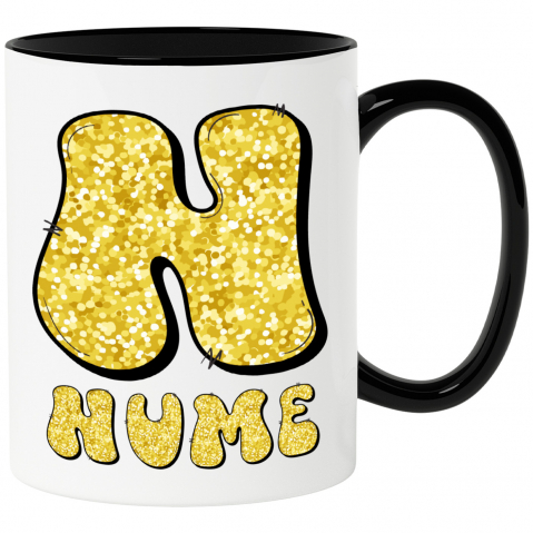 Mixed - Cana Iubitorii De Sclipici, Text Nume Personalizat, Dragoste, Culoare galben, Cu Litera, 330ML, Ceramica, Cu Maner si Interior Negru