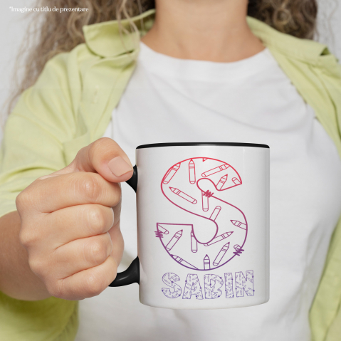 Cana Iubitorii De Scoala, Creioane, Text Nume Personalizat, Copii, Culoare Mov Gradient, Cu Litera, 330ML, Ceramica, Cu Maner si Interior Negru [1]