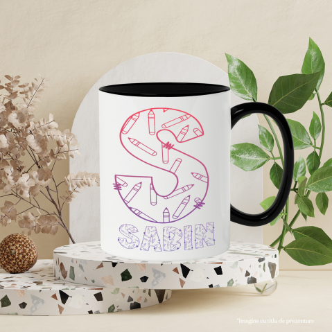 Cana Iubitorii De Scoala, Creioane, Text Nume Personalizat, Copii, Culoare Mov Gradient, Cu Litera, 330ML, Ceramica, Cu Maner si Interior Negru [2]