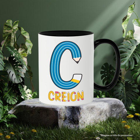 Cana Iubitorii De Scoala, Creion Galben, Text Nume Personalizat, Copii, Culoare Albastru, Cu Litera, 330ML, Ceramica, Cu Maner si Interior Negru [2]