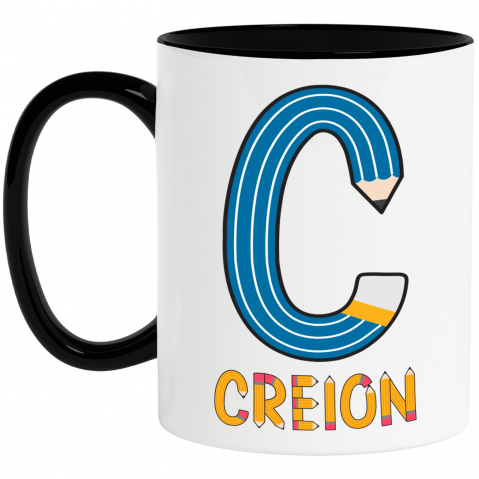 Cani Personalizate - Cana Iubitorii De Scoala, Creion Galben, Text Nume Personalizat, Copii, Culoare Albastru, Cu Litera, 330ML, Ceramica, Cu Maner si Interior Negru