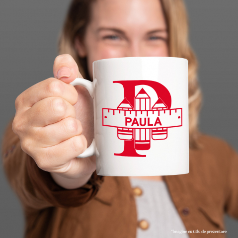 Cana Iubitorii De Scoala, Creion, Text Nume Personalizat, Copii, Culoare Rosu, Cu Litera, 330ML, Ceramica, Cu Maner si Interior Alb [1]
