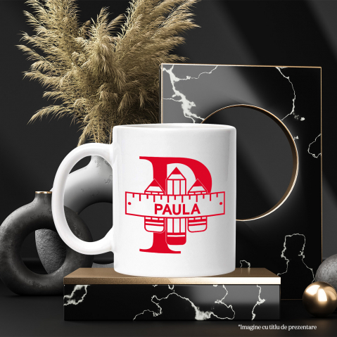 Cana Iubitorii De Scoala, Creion, Text Nume Personalizat, Copii, Culoare Rosu, Cu Litera, 330ML, Ceramica, Cu Maner si Interior Alb [2]