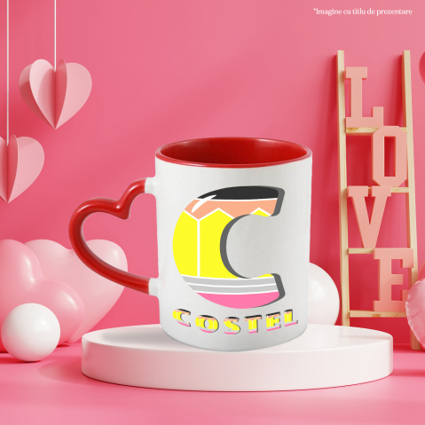Cana Iubitorii De Scoala, Creion, Text Nume Personalizat, Copii, Multicolor, Cu Litera, 330ML, Ceramica, Cu Maner Inima Rosie si Interior Rosu [2]