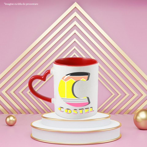 Cana Iubitorii De Scoala, Creion, Text Nume Personalizat, Copii, Multicolor, Cu Litera, 330ML, Ceramica, Cu Maner Inima Rosie si Interior Rosu [1]
