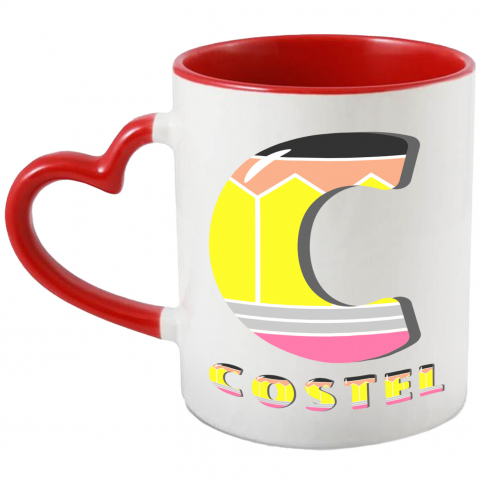 Copii - Cana Iubitorii De Scoala, Creion, Text Nume Personalizat, Copii, Multicolor, Cu Litera, 330ML, Ceramica, Cu Maner Inima Rosie si Interior Rosu