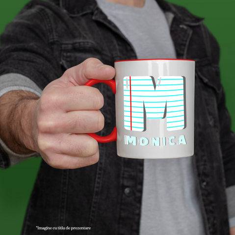 Cana Iubitorii De Scoala, Educatie, Text Nume Personalizat, Copii, Foaie caiet, Cu Litera, 330ML, Ceramica, Cu Maner si Interior Rosu [1]