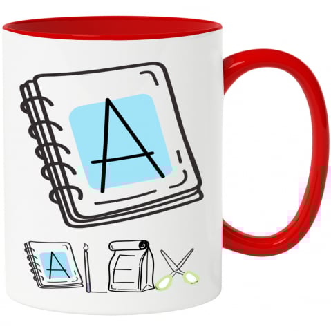 Cani Personalizate - Cana Iubitorii De Scoala, Pachet Mancare, Text Nume Personalizat, Copii, Culoare Negru, Cu Litera, 330ML, Ceramica, Cu Maner si Interior Rosu