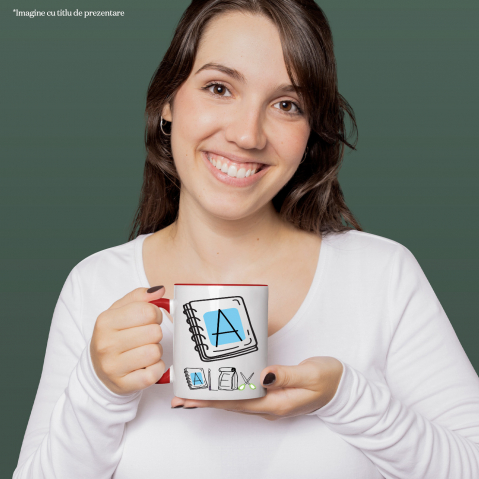 Cana Iubitorii De Scoala, Pachet Mancare, Text Nume Personalizat, Copii, Culoare Negru, Cu Litera, 330ML, Ceramica, Cu Maner si Interior Rosu [1]