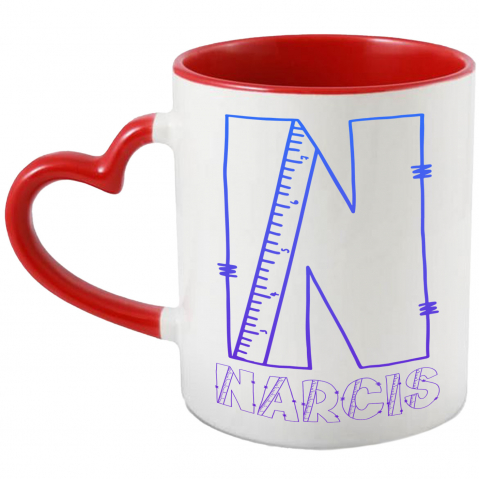 Copii - Cana Iubitorii De Scoala, Rigla, Text Nume Personalizat, Copii, Culoare Albastru Gradient, Cu Litera, 330ML, Ceramica, Cu Maner Inima Rosie si Interior Rosu