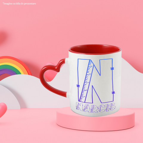 Cana Iubitorii De Scoala, Rigla, Text Nume Personalizat, Copii, Culoare Albastru Gradient, Cu Litera, 330ML, Ceramica, Cu Maner Inima Rosie si Interior Rosu [2]