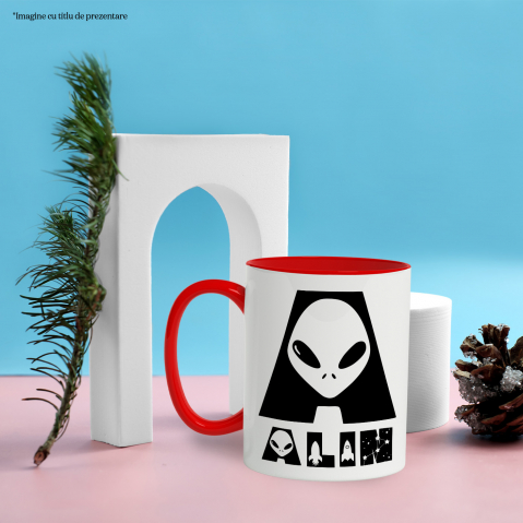 Cana Iubitorii De SF, Extraterestru, Text Nume Personalizat, copii, Culoare Negru, Cu Litera, 330ML, Ceramica, Cu Maner si Interior Rosu [2]