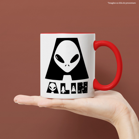Cana Iubitorii De SF, Extraterestru, Text Nume Personalizat, copii, Culoare Negru, Cu Litera, 330ML, Ceramica, Cu Maner si Interior Rosu [1]