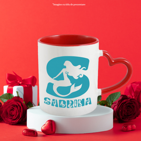 Cana Iubitorii De Sirene, Basme, Unicorn, Text Nume Personalizat, copii, Culoare Albastru, Cu Litera, 330ML, Ceramica, Cu Maner Inima Rosie si Interior Rosu [2]
