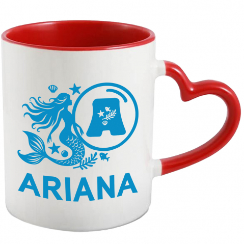 Copii - Cana Iubitorii De Sirene, Fiinta magica, Text Nume Personalizat, copii, Culoare Albastru, Cu Litera, 330ML, Ceramica, Cu Maner Inima Rosie si Interior Rosu