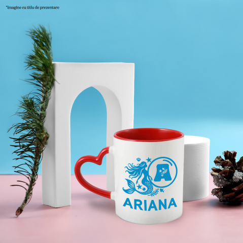 Cana Iubitorii De Sirene, Fiinta magica, Text Nume Personalizat, copii, Culoare Albastru, Cu Litera, 330ML, Ceramica, Cu Maner Inima Rosie si Interior Rosu [1]
