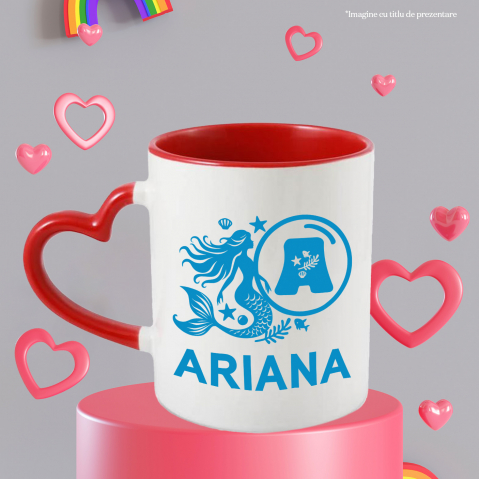 Cana Iubitorii De Sirene, Fiinta magica, Text Nume Personalizat, copii, Culoare Albastru, Cu Litera, 330ML, Ceramica, Cu Maner Inima Rosie si Interior Rosu [2]