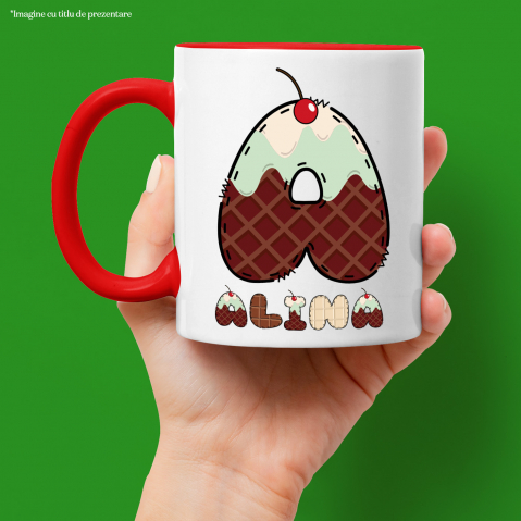 Cana Iubitorii De Tableta De Ciocolata, Cireasa, Text Nume Personalizat, Culoare Multicolor, Cu Litera, 330ML, Ceramica, Cu Maner si Interior Rosu [1]