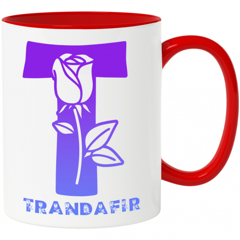 Flori - Cana Iubitorii De Trandafir, Flori, Natura, Text Nume Personalizat, Dragoste, Culoare Albastru, Cu Litera, 330ML, Ceramica, Cu Maner si Interior Rosu