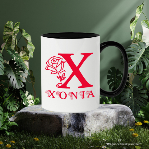 Cana Iubitorii De Trandafiri, Flori, Text Nume Personalizat, Valentine's Day, Culoare Rosu, Cu Litera, 330ML, Ceramica, Cu Maner si Interior Negru [2]