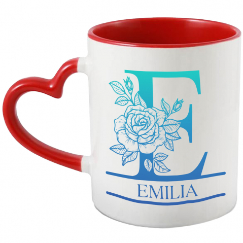 Flori - Cana Iubitorii De Trandafiri, Fluture Natura, Text Nume Personalizat, Dragoste, Culoare Albastru, Cu Litera, 330ML, Ceramica, Cu Maner Inima Rosie si Interior Rosu