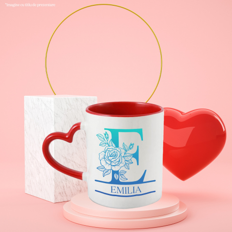 Cana Iubitorii De Trandafiri, Fluture Natura, Text Nume Personalizat, Dragoste, Culoare Albastru, Cu Litera, 330ML, Ceramica, Cu Maner Inima Rosie si Interior Rosu [2]
