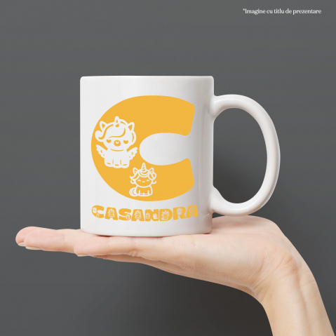 Cana Iubitorii De Unicorni, Animal Gras, Text Nume Personalizat, copii, Culoare Galben, Cu Litera, 330ML, Ceramica, Cu Maner si Interior Alb [1]