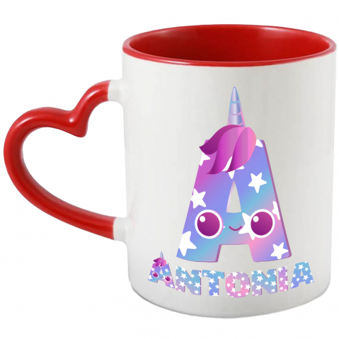 Copii - Cana Iubitorii De unicorni, Corn Roz, Text Nume Personalizat, Culoare Multicolor Cu Stele copii, Cu Litera, 330ML, Ceramica, Cu Maner Inima Rosie si Interior Rosu
