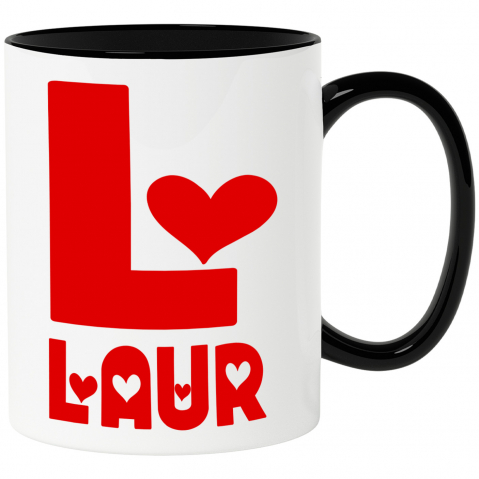 Familie - Cana Iubitorii De Valentine's Day, Inimi, Text Nume Personalizat, Dragoste, Culoare Rosu, Cu Litera, 330ML, Ceramica, Cu Maner si Interior Negru