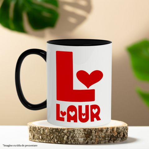 Cana Iubitorii De Valentine's Day, Inimi, Text Nume Personalizat, Dragoste, Culoare Rosu, Cu Litera, 330ML, Ceramica, Cu Maner si Interior Negru [2]