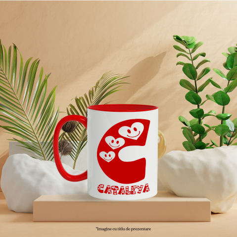 Cana Iubitorii De Valentine's Day, Inimi Zambitoare, Text Nume Personalizat, Copii, Culoare Rosu, Cu Litera, 330ML, Ceramica, Cu Maner si Interior Rosu [2]