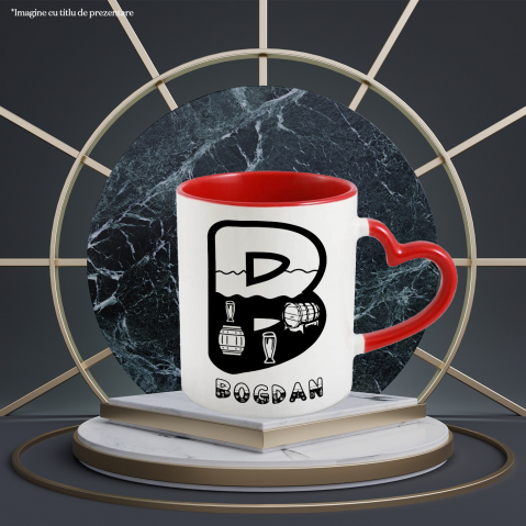 Cana Iubitorii De Vin, Butoaie Din Lemn, Text Nume Personalizat, Culoare Negru, Cu Litera, 330ML, Ceramica, Cu Maner Inima Rosie si Interior Rosu [1]