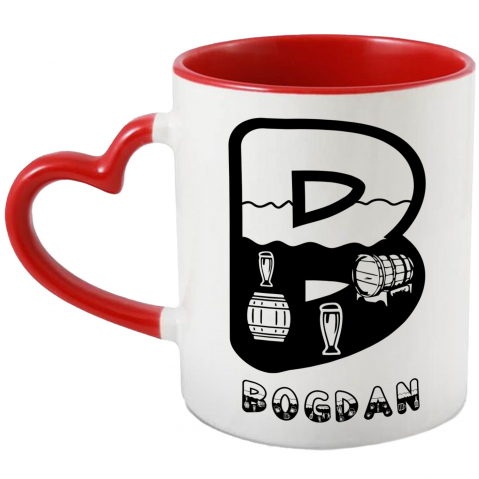 Bauturi - Cana Iubitorii De Vin, Butoaie Din Lemn, Text Nume Personalizat, Culoare Negru, Cu Litera, 330ML, Ceramica, Cu Maner Inima Rosie si Interior Rosu