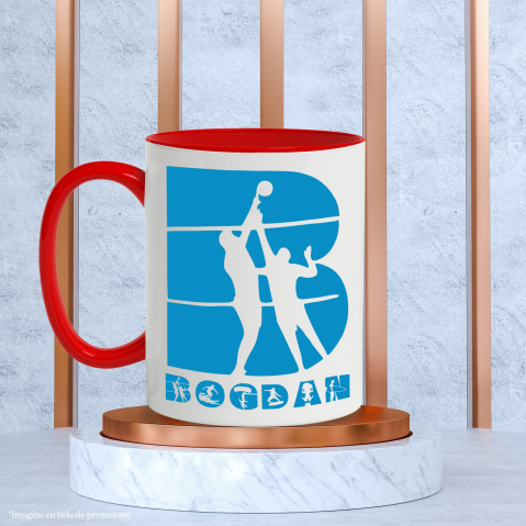 Cana Iubitorii De Volei Plaja, Placa Surff, Text Nume Personalizat, Culoare Albastru, Cu Litera, 330ML, Ceramica, Cu Maner si Interior Rosu [2]