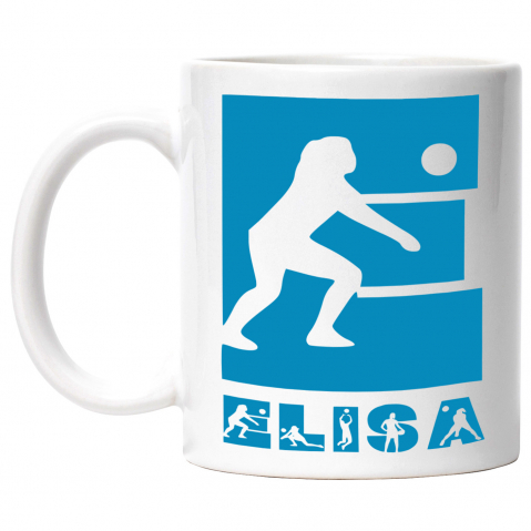 Sport - Cana Iubitorii De Volei, Silueta Sportiva, Text Nume Personalizat, Copii, Culoare Albastru, Cu Litera, 330ML, Ceramica, Cu Maner si Interior Alb