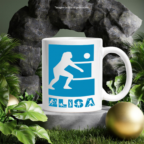 Cana Iubitorii De Volei, Silueta Sportiva, Text Nume Personalizat, Copii, Culoare Albastru, Cu Litera, 330ML, Ceramica, Cu Maner si Interior Alb [2]