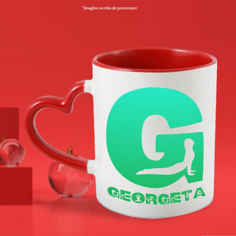 Cana Iubitorii De Yoga, relaxare, Meditatie, Text Nume Personalizat, Culoare Verde, Cu Litera, 330ML, Ceramica, Cu Maner Inima Rosie si Interior Rosu [1]