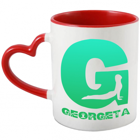 Sport - Cana Iubitorii De Yoga, relaxare, Meditatie, Text Nume Personalizat, Culoare Verde, Cu Litera, 330ML, Ceramica, Cu Maner Inima Rosie si Interior Rosu